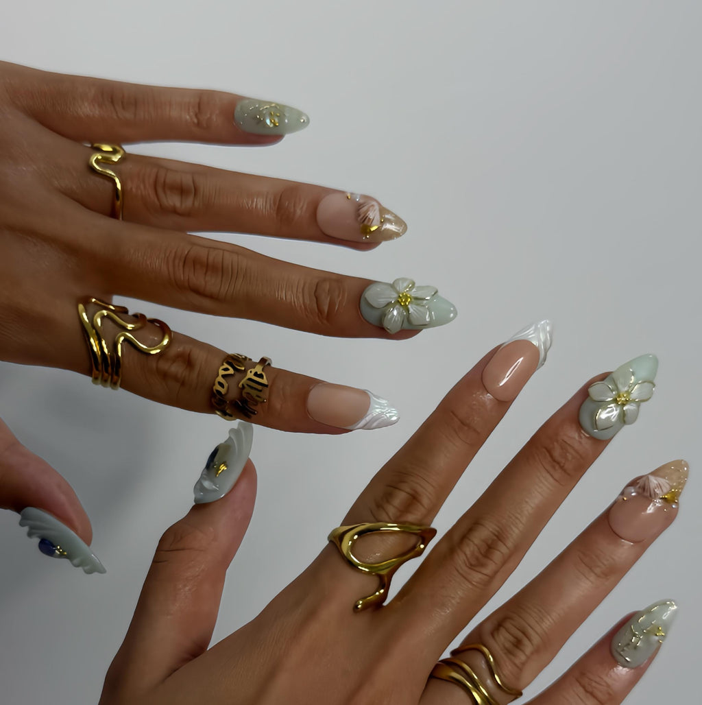 Summer Press on Nails with Mint Green Flower & Shell | 3D Fake Nails in Medium Almond | Handmade Ocean Nail Art for Holiday, Vacation, Party