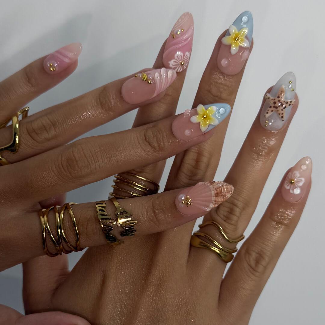 Summer Press on Nails with Starfish & Plumeria | 3D Fake Nails in Medium Almond | Handmade Ocean Nail Art for Vacation, Holiday, Birthday