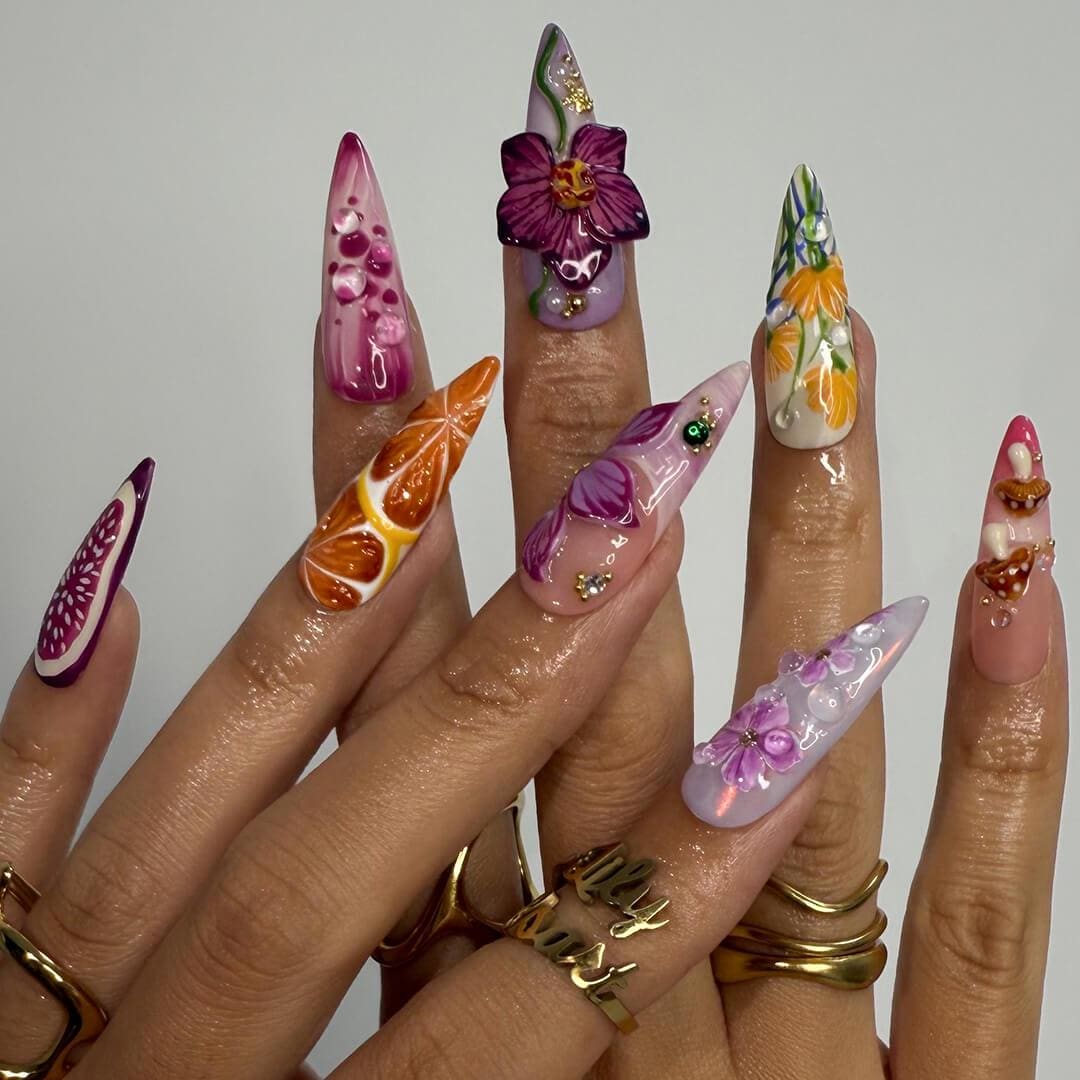 Summer Press on Nails with Orchid, Fruit & Starfish | 3D Fake Nails in Long Almond | Whimsical Handmade Nail Art for Summer, Vacation, Party