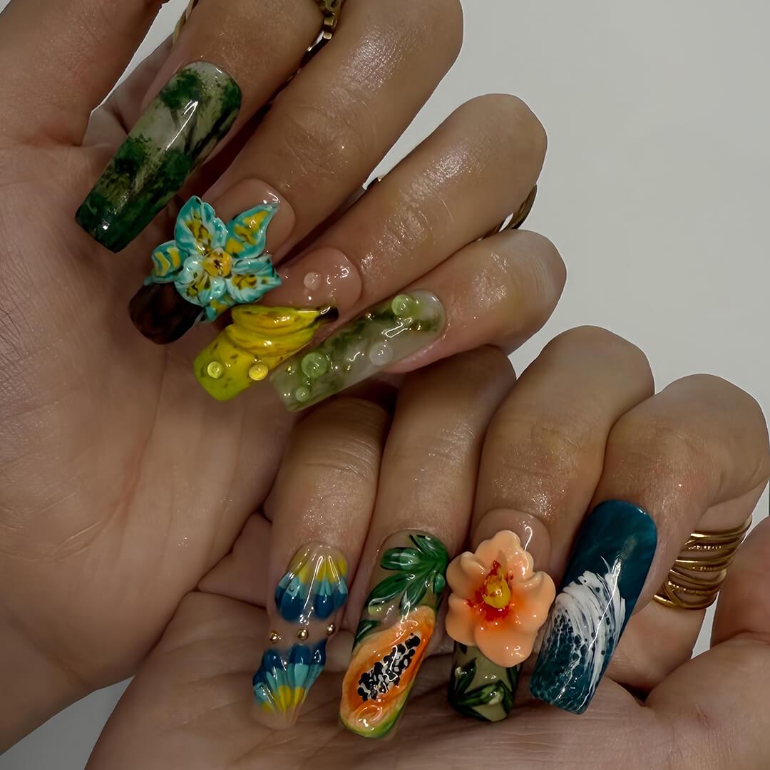 Tropical Press on Nails with Papaya, Banana | 3D Floral Fake Nails in Long Square | Jungle-Inspired Handmade Nail Art for Summer, Vacation
