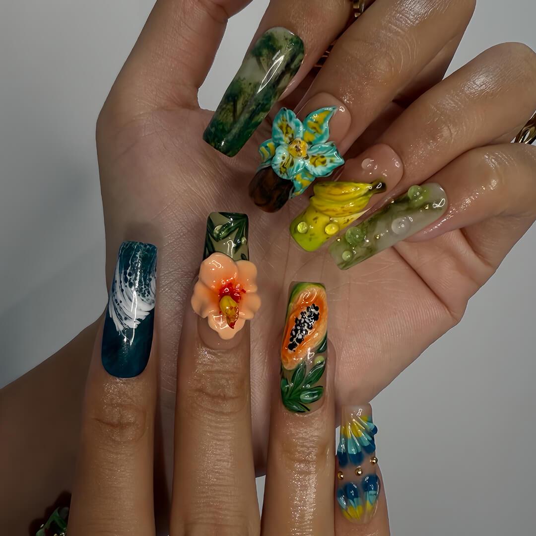 Tropical Press on Nails with Papaya, Banana | 3D Floral Fake Nails in Long Square | Jungle-Inspired Handmade Nail Art for Summer, Vacation