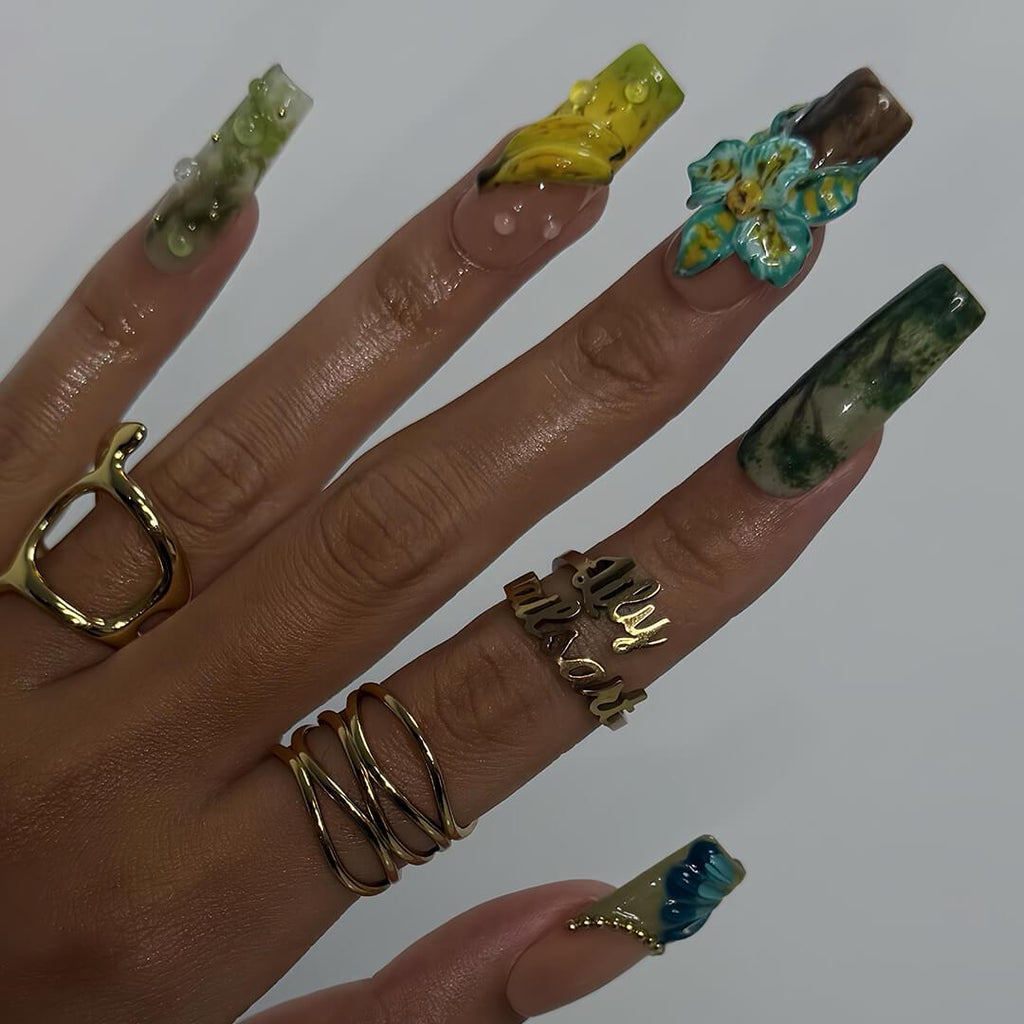 Tropical Press on Nails with Papaya, Banana | 3D Floral Fake Nails in Long Square | Jungle-Inspired Handmade Nail Art for Summer, Vacation