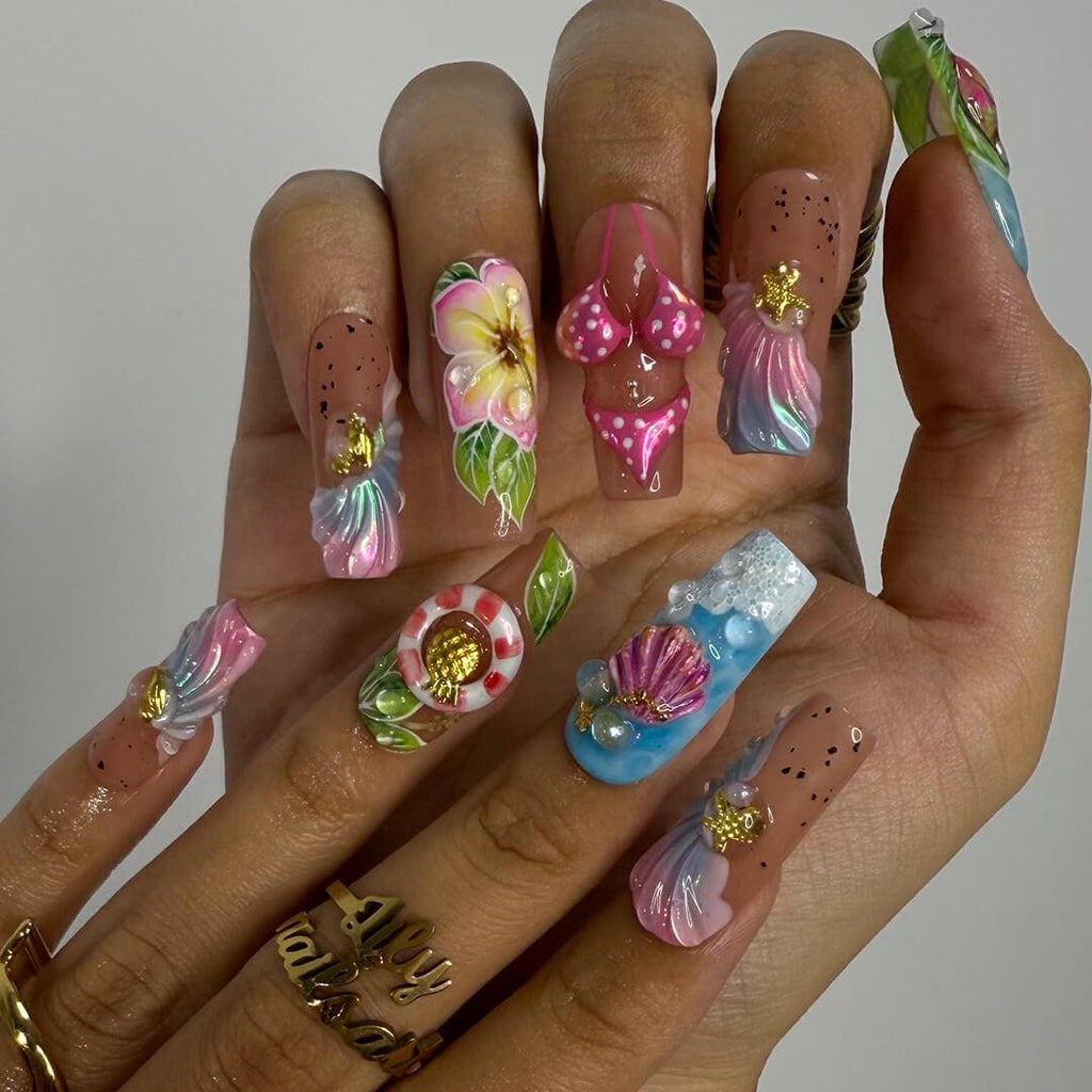 Summer Press on Nails Bikini Art with Plumerias & Seashells | 3D Fake Nails in Long Square | Handmade Nail Art for Holiday, Vacation, Party