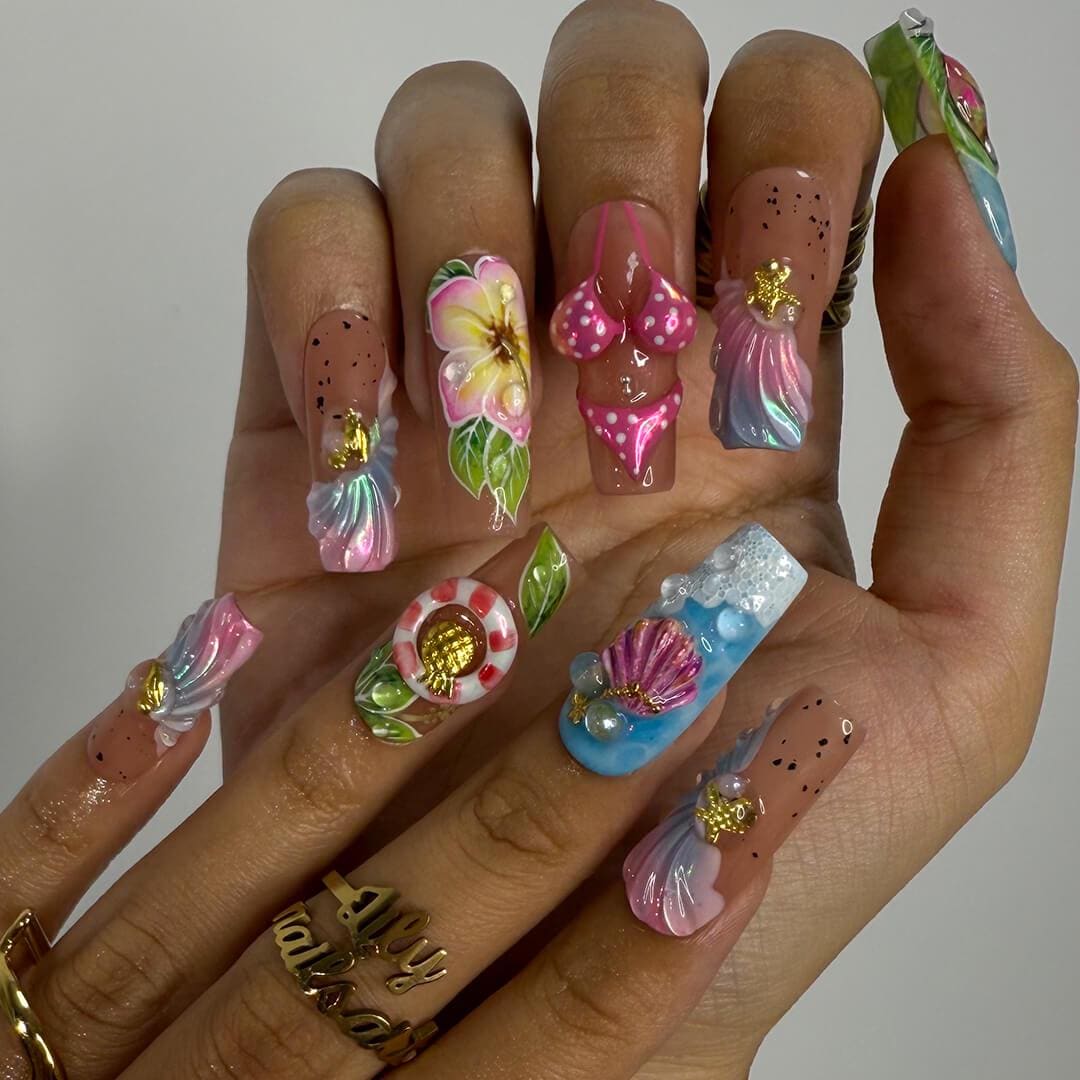 Summer Press on Nails Bikini Art with Plumerias & Seashells | 3D Fake Nails in Long Square | Handmade Nail Art for Holiday, Vacation, Party