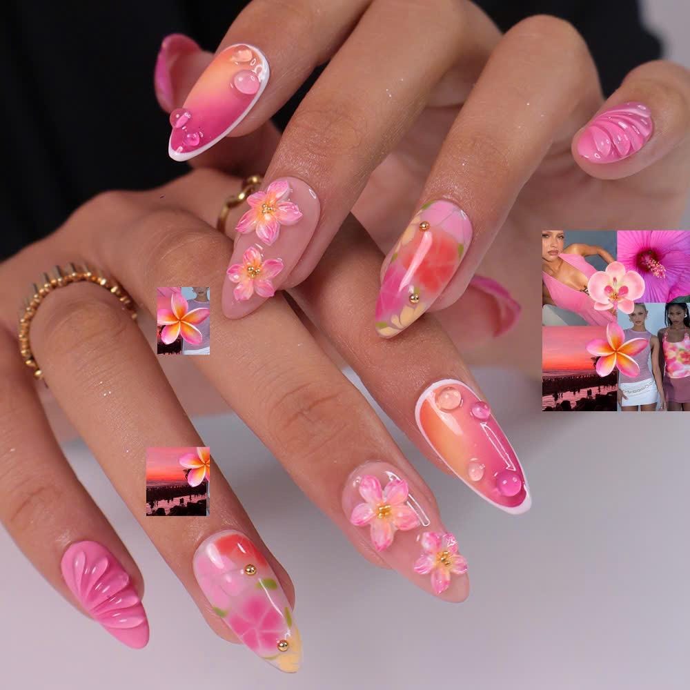 Summer Press On Nails with 3D Pink Flowers and Tropical Ombre Design, Meidum Almond Fake Nails for Vacation or Beach Holiday, Gift for Her