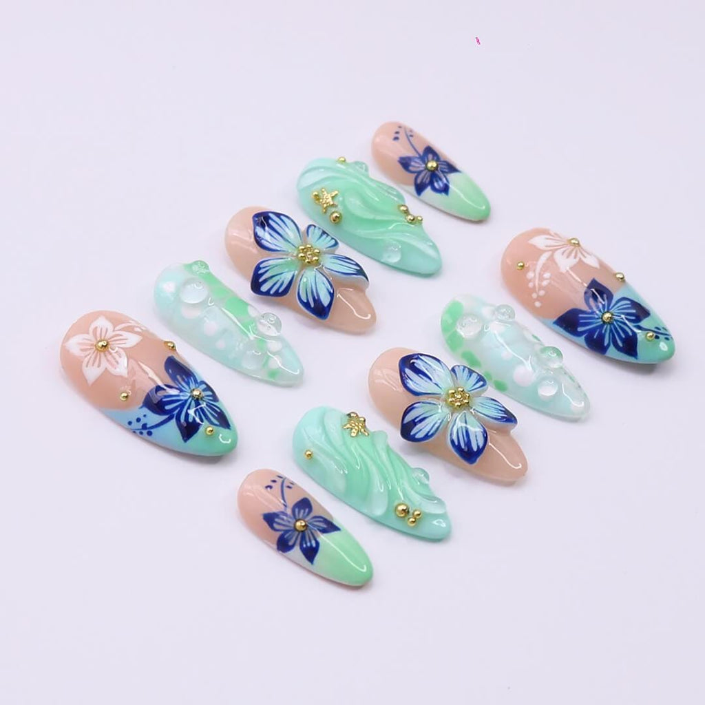 Press on Nails Mint Green with Blue Tropical Flowers | 3D Fake Nails in Medium Almond | Handmade Nail Art for Holiday, Vacation, Birthday