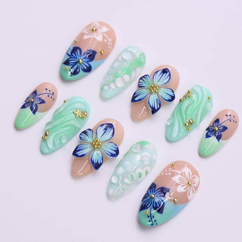 Press on Nails Mint Green with Blue Tropical Flowers | 3D Fake Nails in Medium Almond | Handmade Nail Art for Holiday, Vacation, Birthday