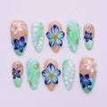Press on Nails Mint Green with Blue Tropical Flowers | 3D Fake Nails in Medium Almond | Handmade Nail Art for Holiday, Vacation, Birthday