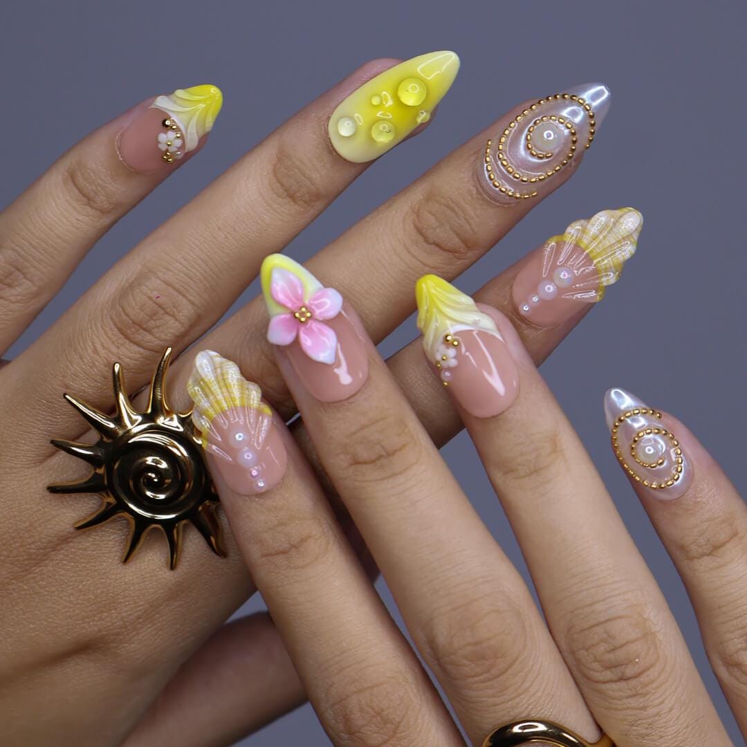 Summer Press on Nails with Vibrant Yellow & Pink Floral | 3D Seashell Fake Nails in Medium Almond | Handmade Nail Art for Vacation, Birthday