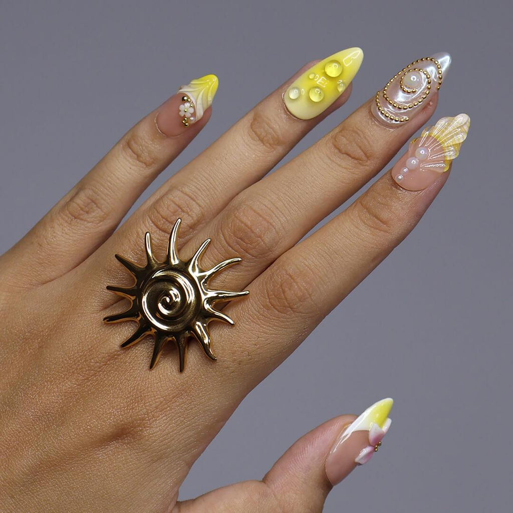 Summer Press on Nails with Vibrant Yellow & Pink Floral | 3D Seashell Fake Nails in Medium Almond | Handmade Nail Art for Vacation, Birthday