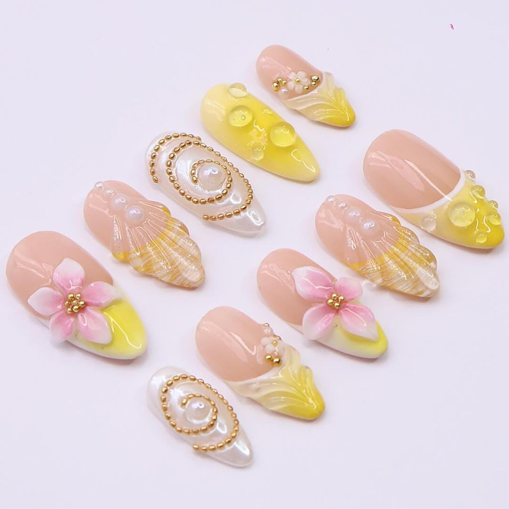 Summer Press on Nails with Vibrant Yellow & Pink Floral | 3D Seashell Fake Nails in Medium Almond | Handmade Nail Art for Vacation, Birthday