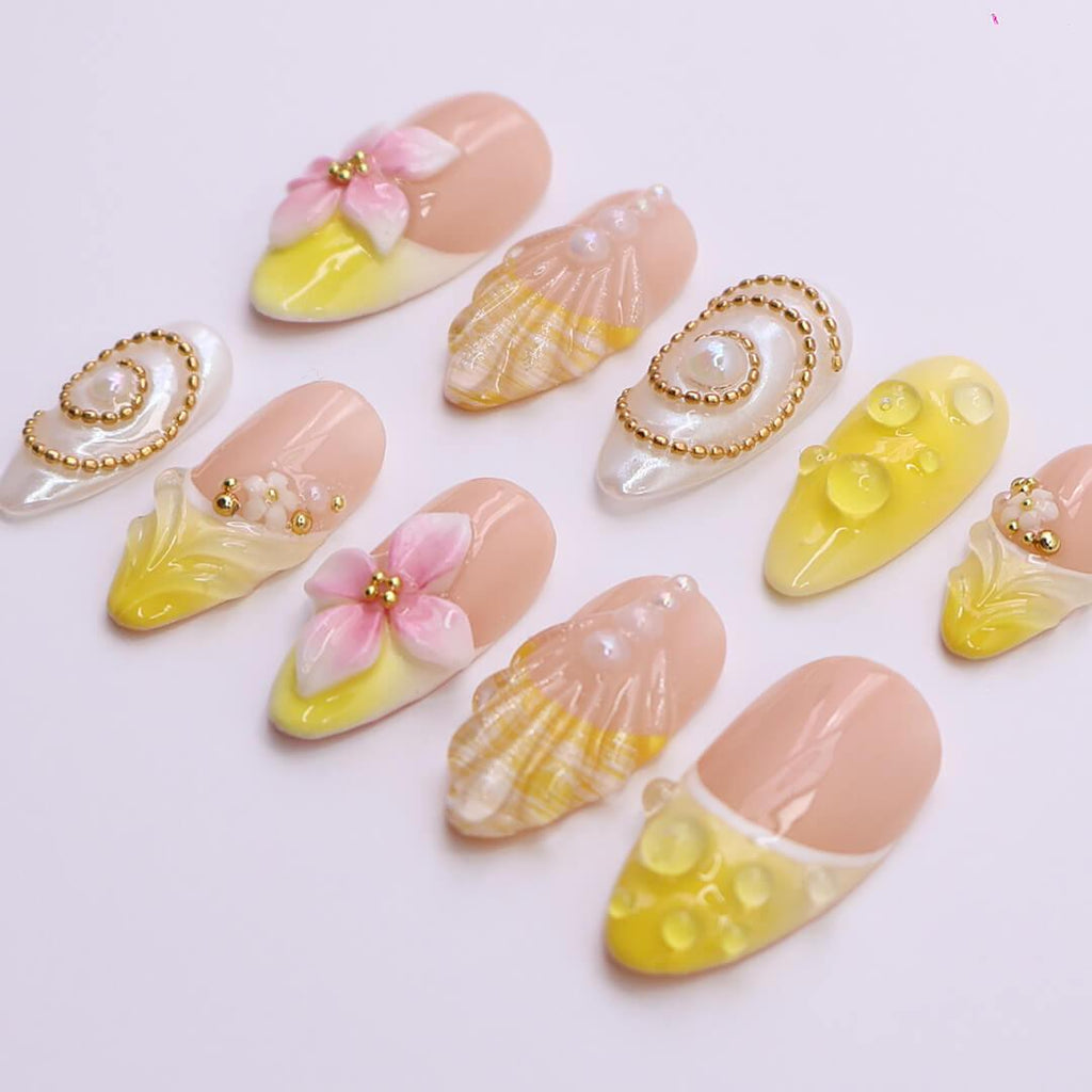 Summer Press on Nails with Vibrant Yellow & Pink Floral | 3D Seashell Fake Nails in Medium Almond | Handmade Nail Art for Vacation, Birthday