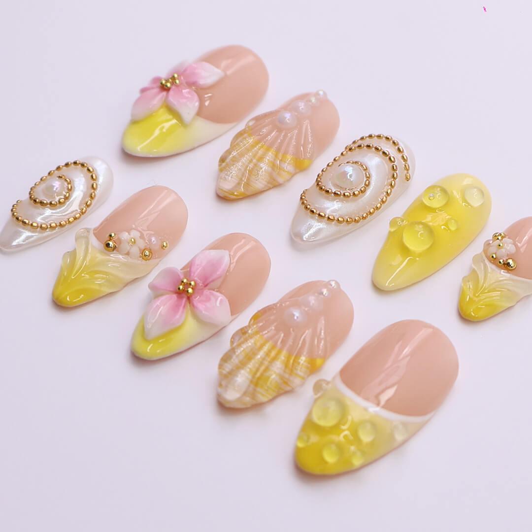 Summer Press on Nails with Vibrant Yellow & Pink Floral | 3D Seashell Fake Nails in Medium Almond | Handmade Nail Art for Vacation, Birthday
