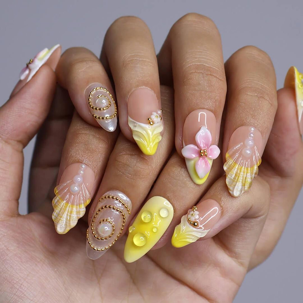 Summer Press on Nails with Vibrant Yellow & Pink Floral | 3D Seashell Fake Nails in Medium Almond | Handmade Nail Art for Vacation, Birthday