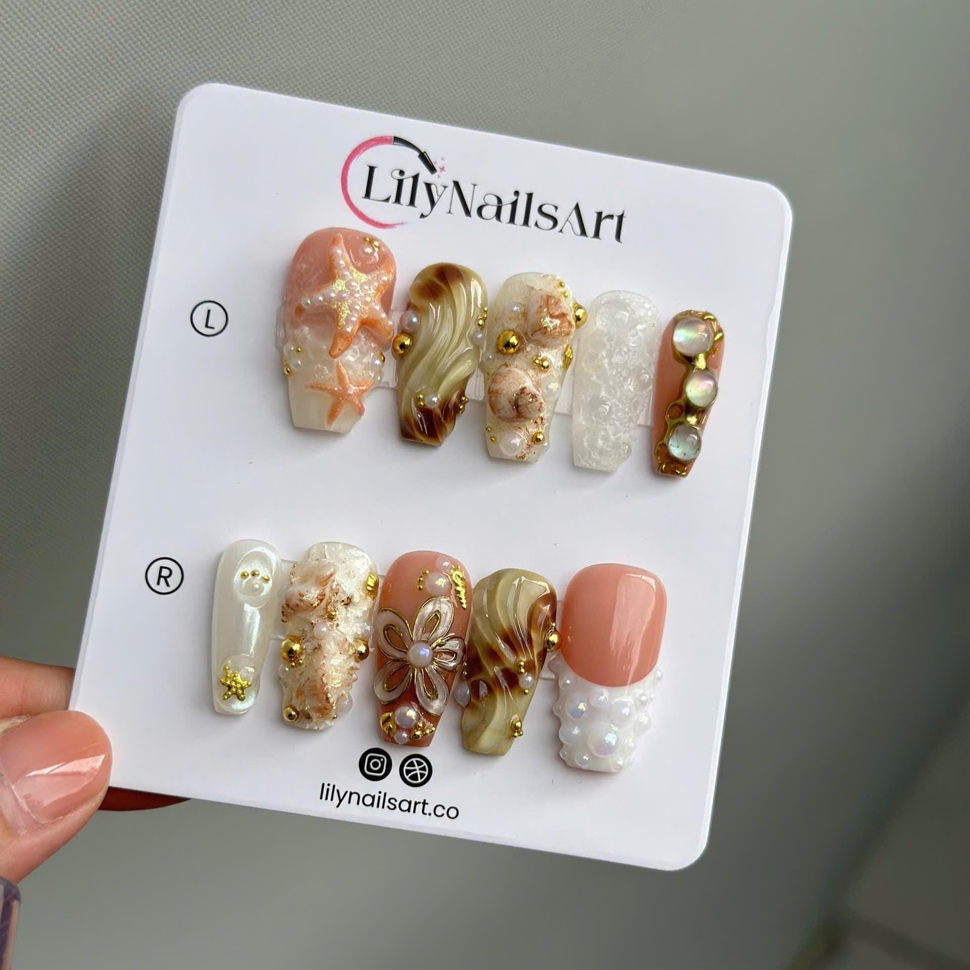 Summer Press On Nails with 3D Seashells and Pearls, Long Square Beach Nails in Nude, White and Gold Tones for Coastal Summer Vibe, Holiday