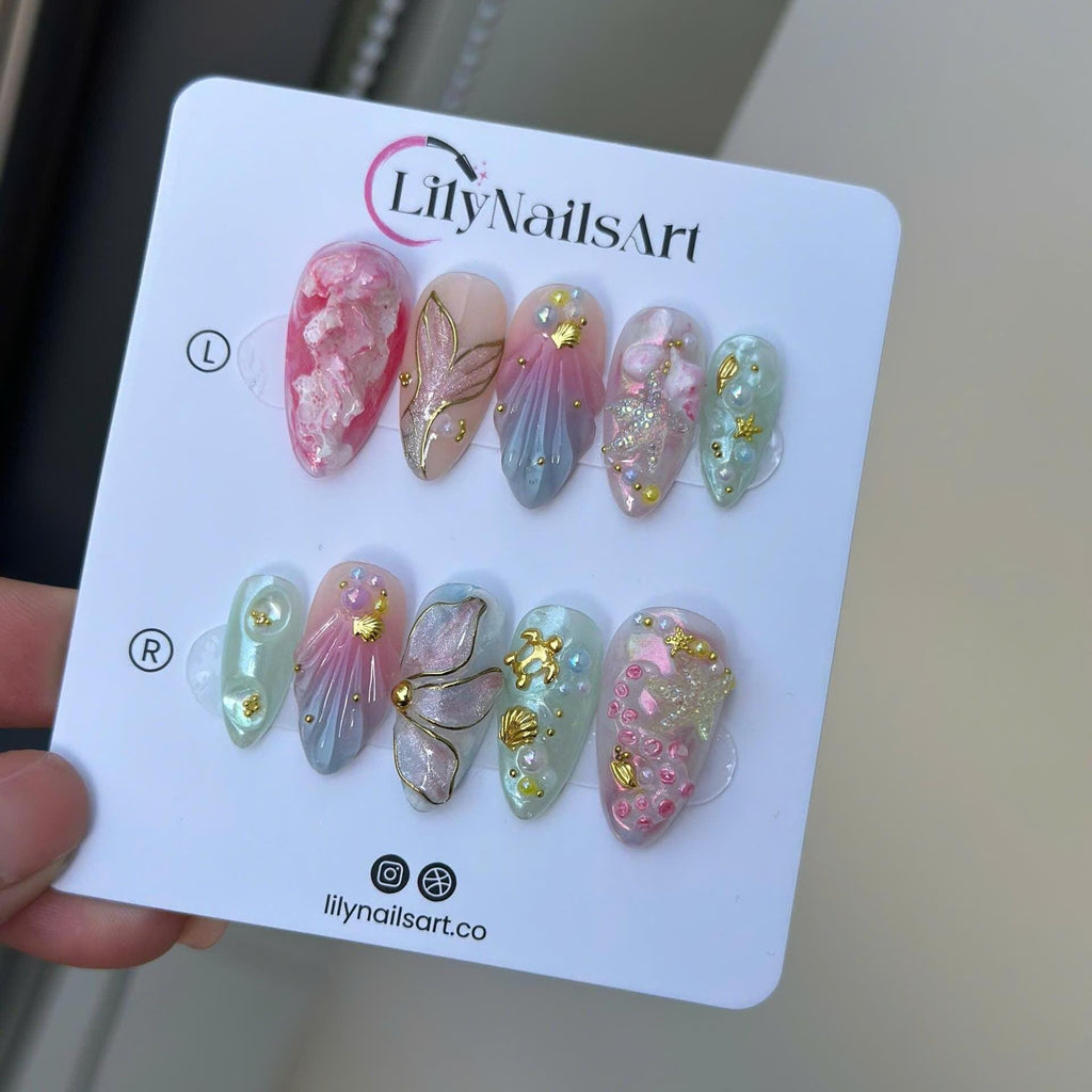 Summer Press on Nail with Mermaid & Jellyfish, 3D Ocean Inspo Fake Nail in Long Almond ,Handmade Beach Nail for Holiday, Vacation, Birthday