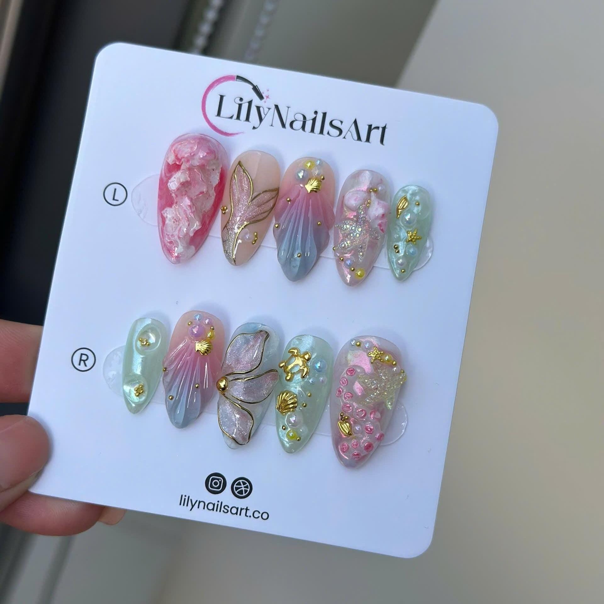 Summer Press on Nail with Mermaid & Jellyfish, 3D Ocean Inspo Fake Nail in Long Almond ,Handmade Beach Nail for Holiday, Vacation, Birthday
