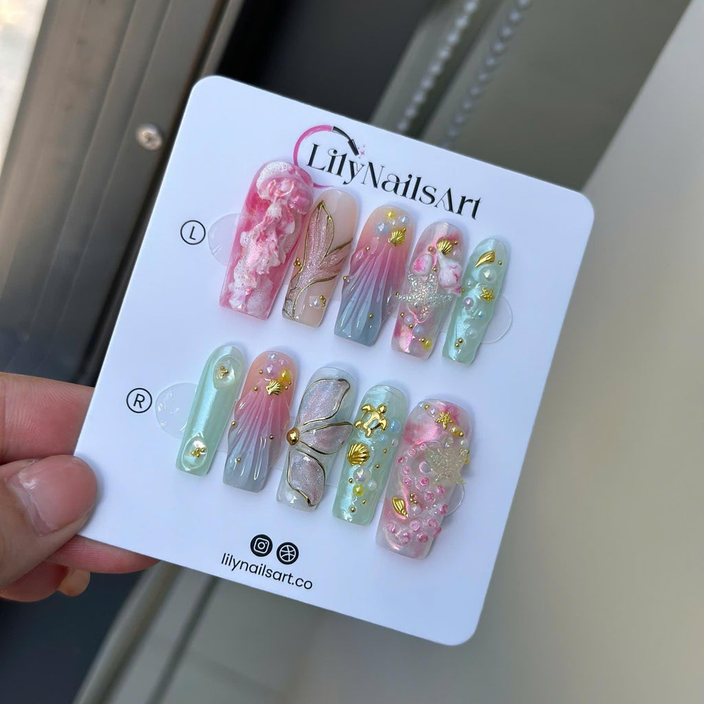 Summer Press on Nail with Mermaid & Jellyfish, 3D Ocean Inspo Fake Nail in Long Almond ,Handmade Beach Nail for Holiday, Vacation, Birthday