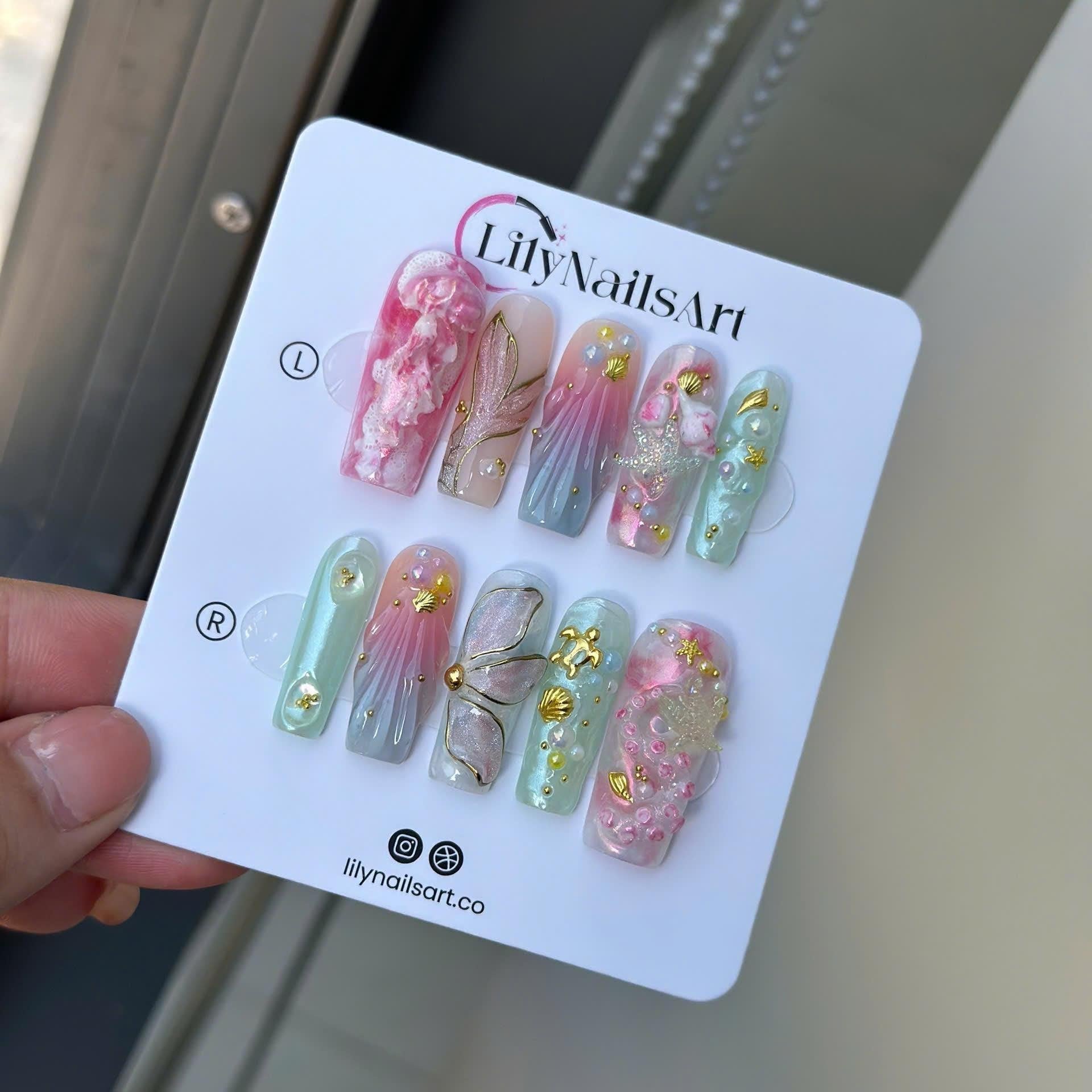 Summer Press on Nail with Mermaid & Jellyfish, 3D Ocean Inspo Fake Nail in Long Almond ,Handmade Beach Nail for Holiday, Vacation, Birthday