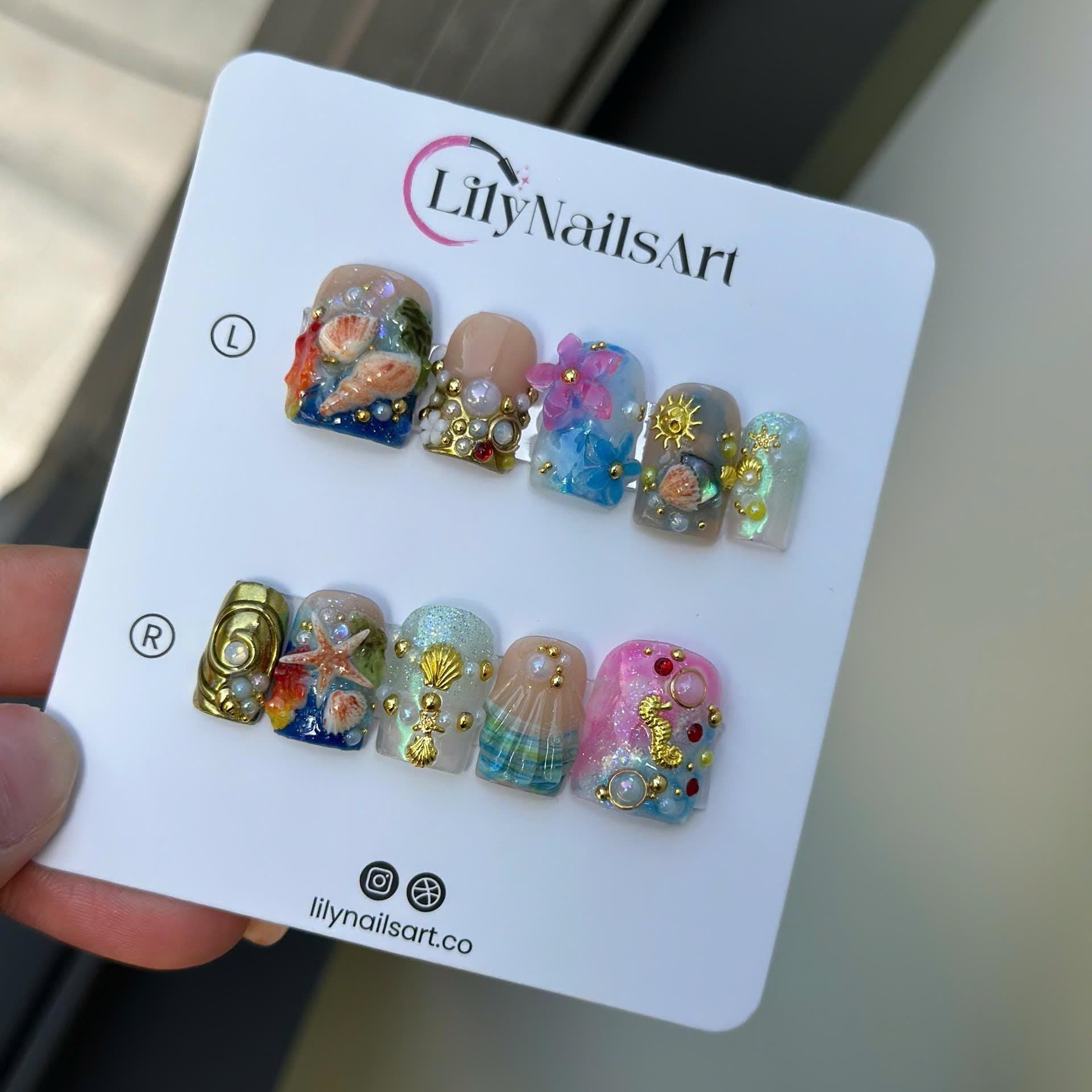 Summer Press On Nails Ocean Garden with Seashell | 3D Flower Fake Nails in Long Square | Handmade Nail Art for Holiday, Vacation, Birthday
