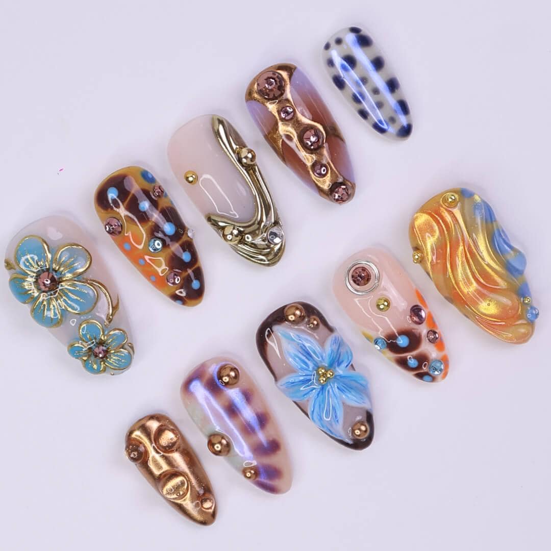 Blue Press On Nails with 3D Flower & Bronze Chrome, Medium Almond Shape, Earthy Metallic Summer Nails for Vacation, Party, Y2K Vibe