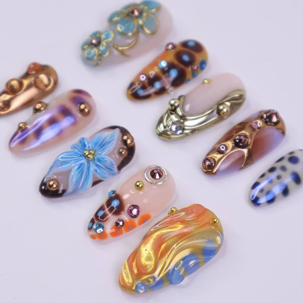 Blue Press On Nails with 3D Flower & Bronze Chrome, Medium Almond Shape, Earthy Metallic Summer Nails for Vacation, Party, Y2K Vibe