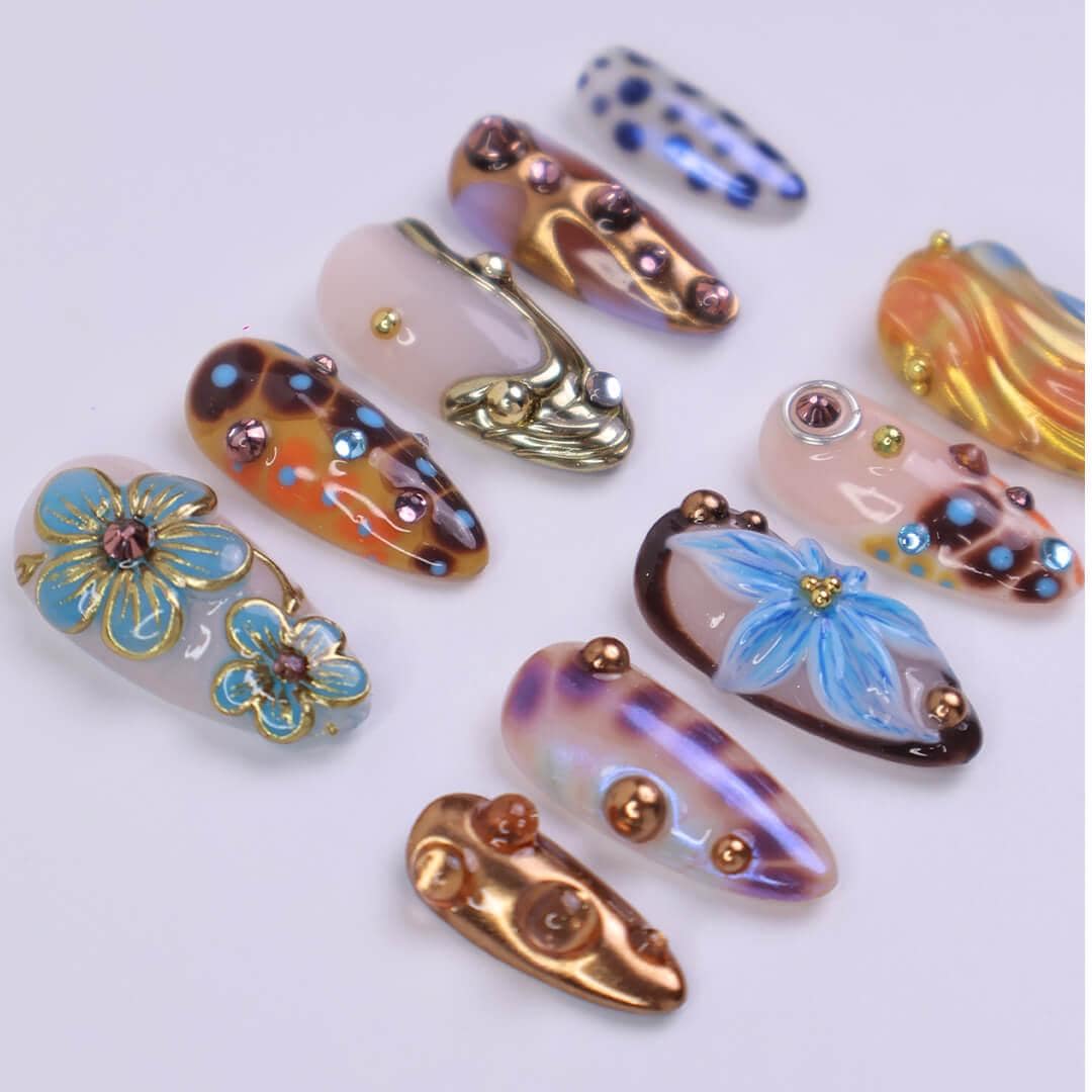 Blue Press On Nails with 3D Flower & Bronze Chrome, Medium Almond Shape, Earthy Metallic Summer Nails for Vacation, Party, Y2K Vibe