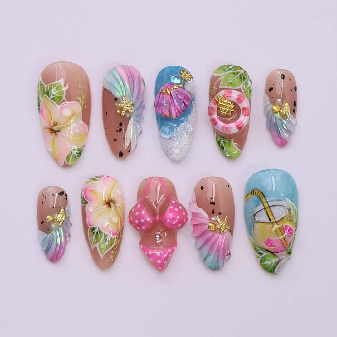Summer Press on Nails Bikini Art with Plumerias & Seashells | 3D Fake Nails in Long Square | Handmade Nail Art for Holiday, Vacation, Party