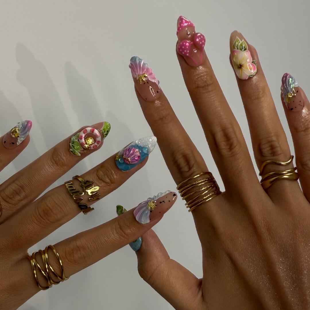 Summer Press on Nails Bikini Art with Plumerias & Seashells | 3D Fake Nails in Long Square | Handmade Nail Art for Holiday, Vacation, Party