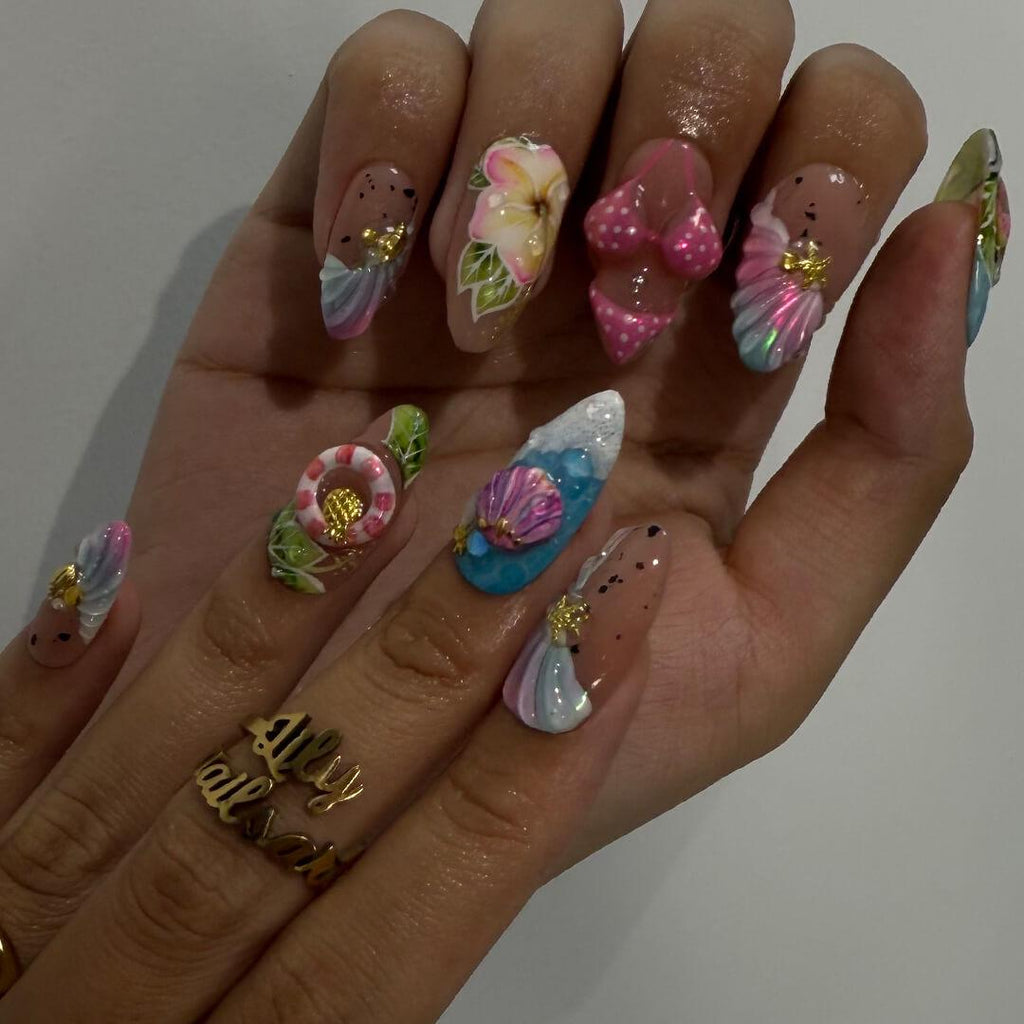 Summer Press on Nails Bikini Art with Plumerias & Seashells | 3D Fake Nails in Long Square | Handmade Nail Art for Holiday, Vacation, Party