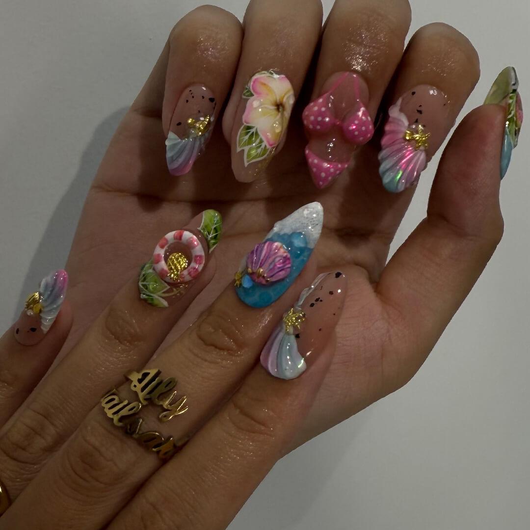 Summer Press on Nails Bikini Art with Plumerias & Seashells | 3D Fake Nails in Long Square | Handmade Nail Art for Holiday, Vacation, Party
