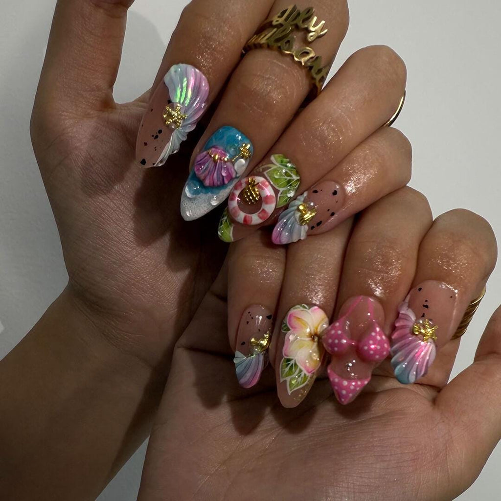 Summer Press on Nails Bikini Art with Plumerias & Seashells | 3D Fake Nails in Long Square | Handmade Nail Art for Holiday, Vacation, Party