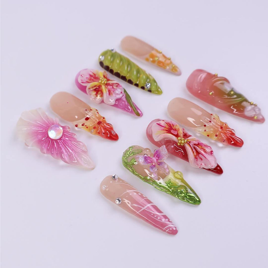 Serect Garden Long Almond Press On Nail, Trending 3d Flower Design Nail Art,Fake/Flase Nail for Birthday Holiday Vacation Nail
