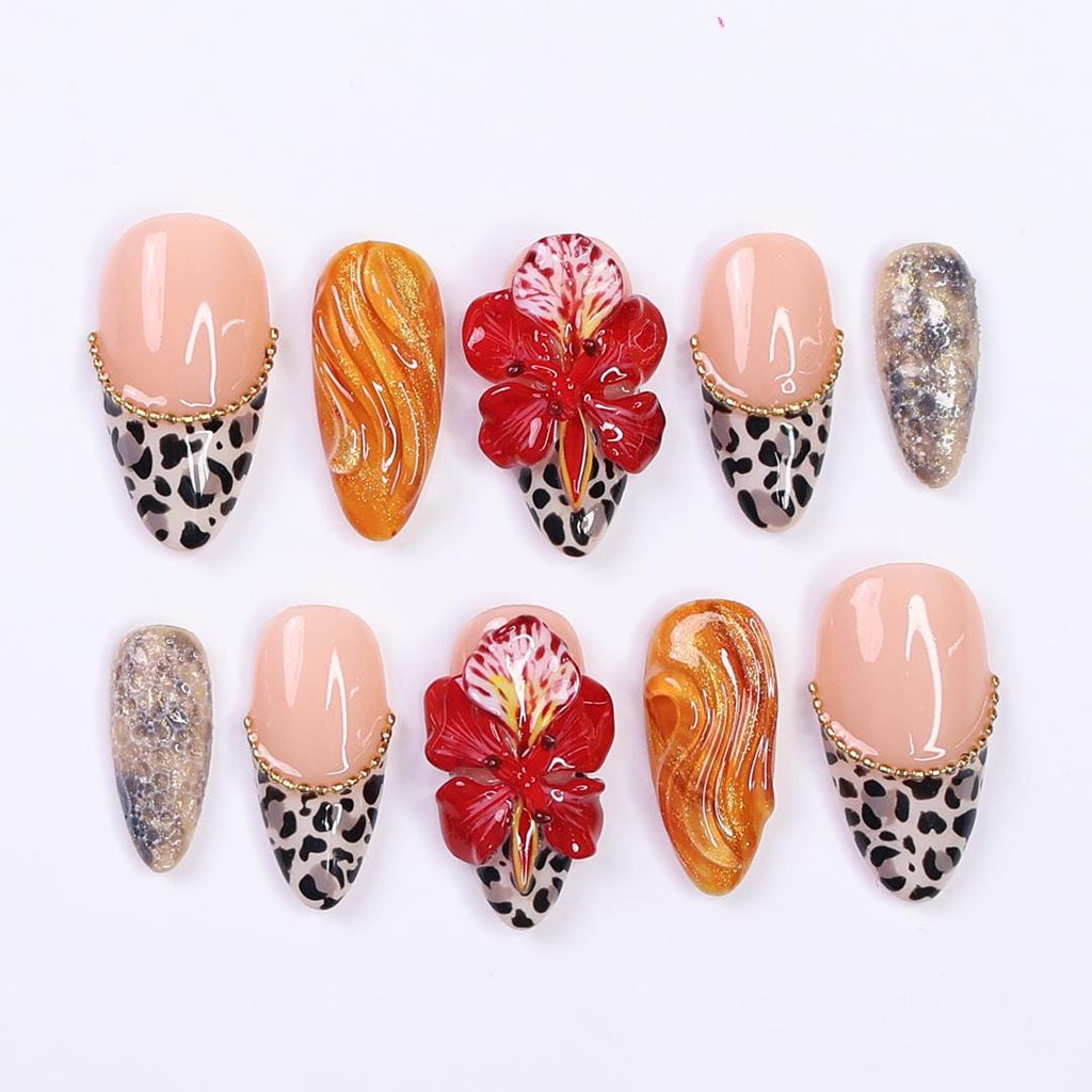 Tropical Press on Nails with Hibiscus & Leopard Tips | 3D Exotic Fake Nails in Medium Almond | Handmade Nail Art for Party, Vacation, Gift