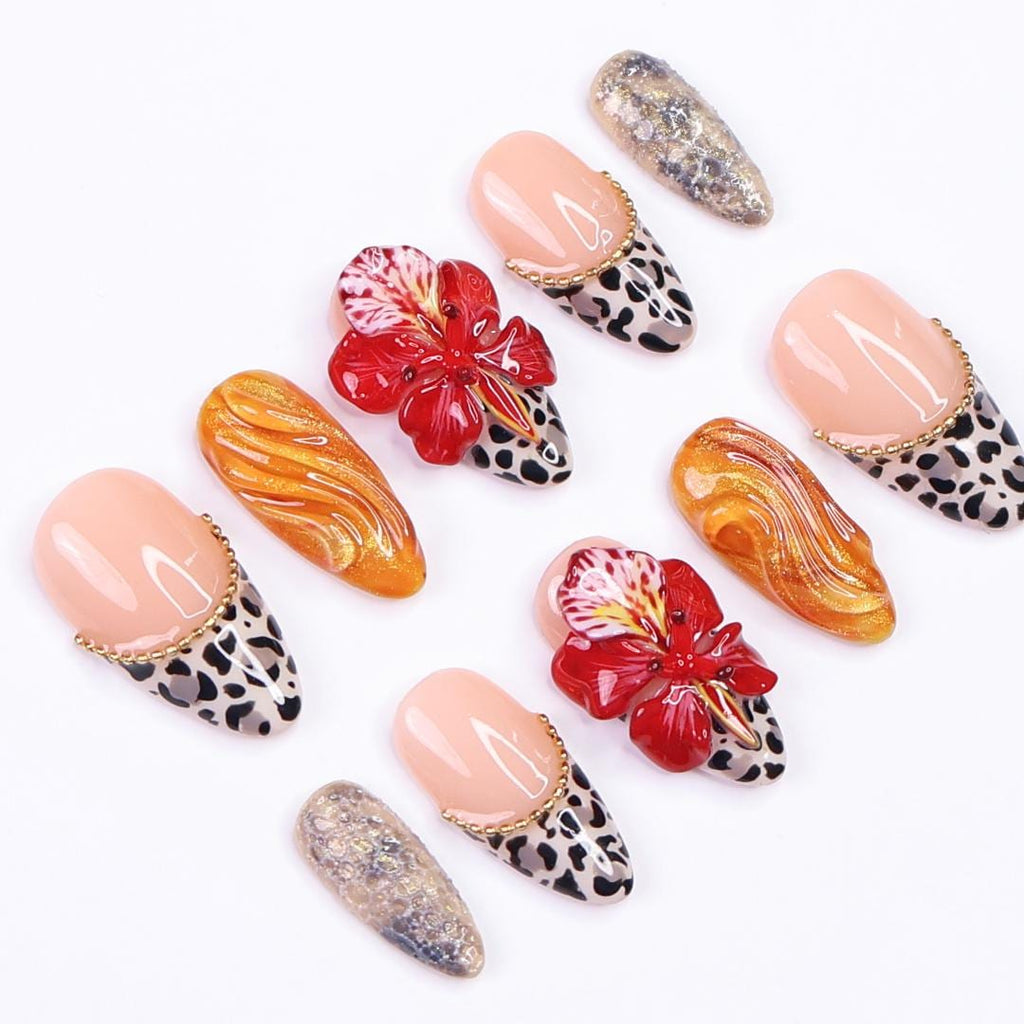 Tropical Press on Nails with Hibiscus & Leopard Tips | 3D Exotic Fake Nails in Medium Almond | Handmade Nail Art for Party, Vacation, Gift
