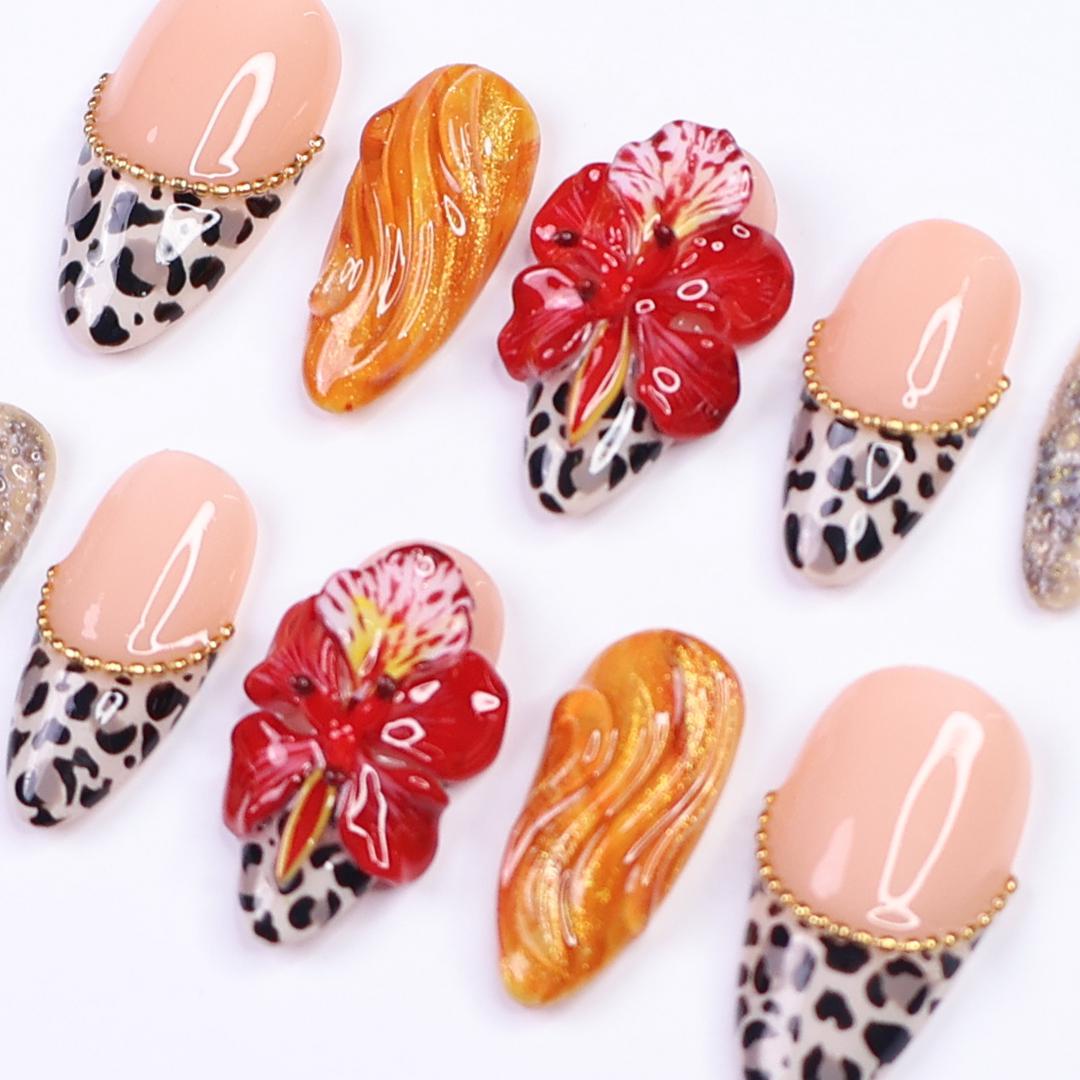 Tropical Press on Nails with Hibiscus & Leopard Tips | 3D Exotic Fake Nails in Medium Almond | Handmade Nail Art for Party, Vacation, Gift