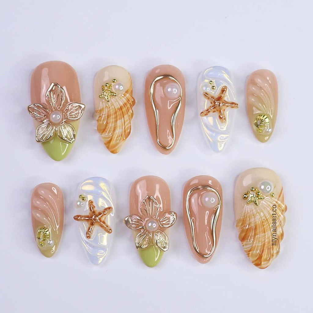 Summer Press on Nails with Starfish & 3D Flower | Gold Fake Nails in Medium Almond | Handmade Beach Nail Art for Vacation, Holiday, Party