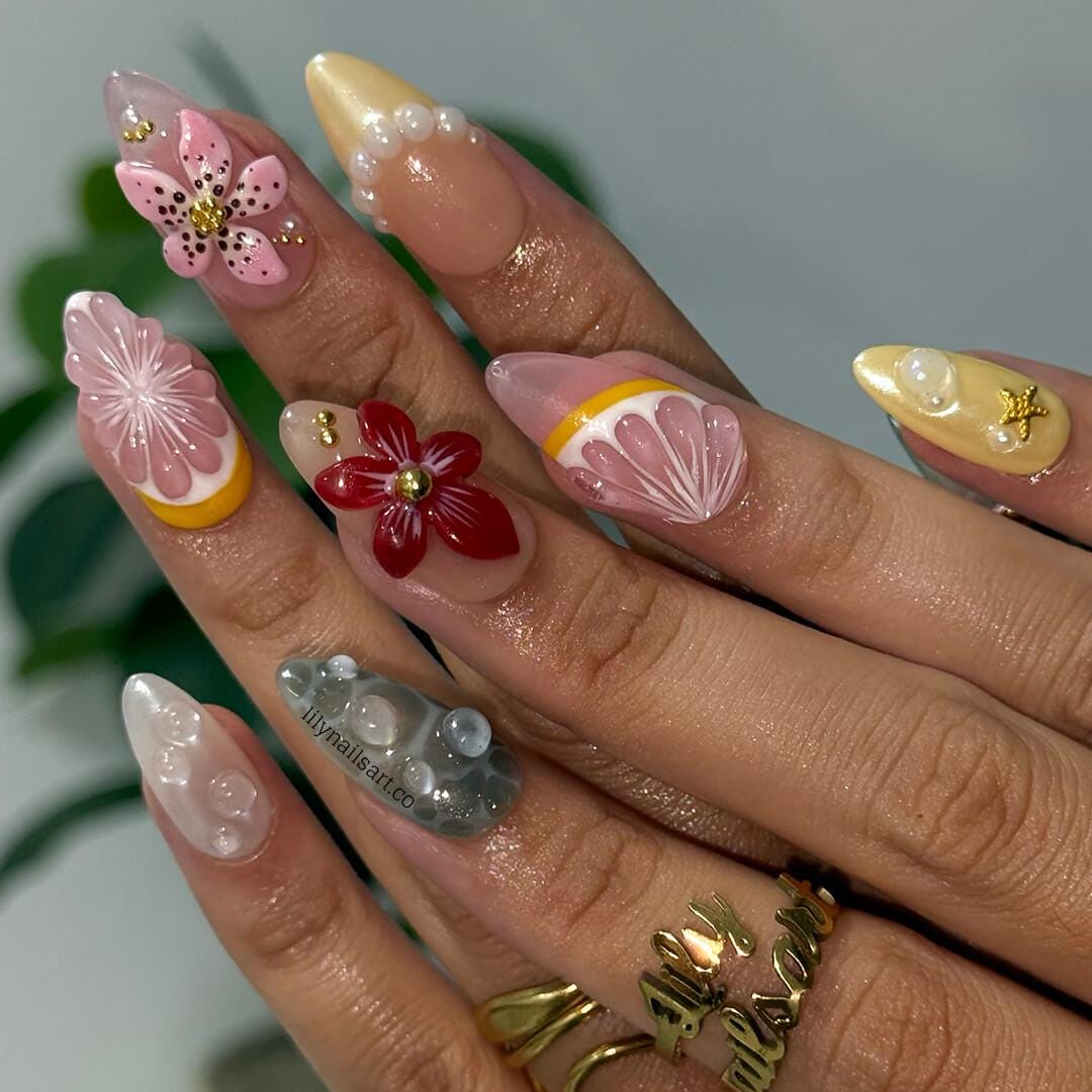 Summer Bloom Press on Nail with Starfish & Flower | Fruit Fake Nail in Medium Almond | Handmade Beach Nail Art for Vacation, Holiday, Party