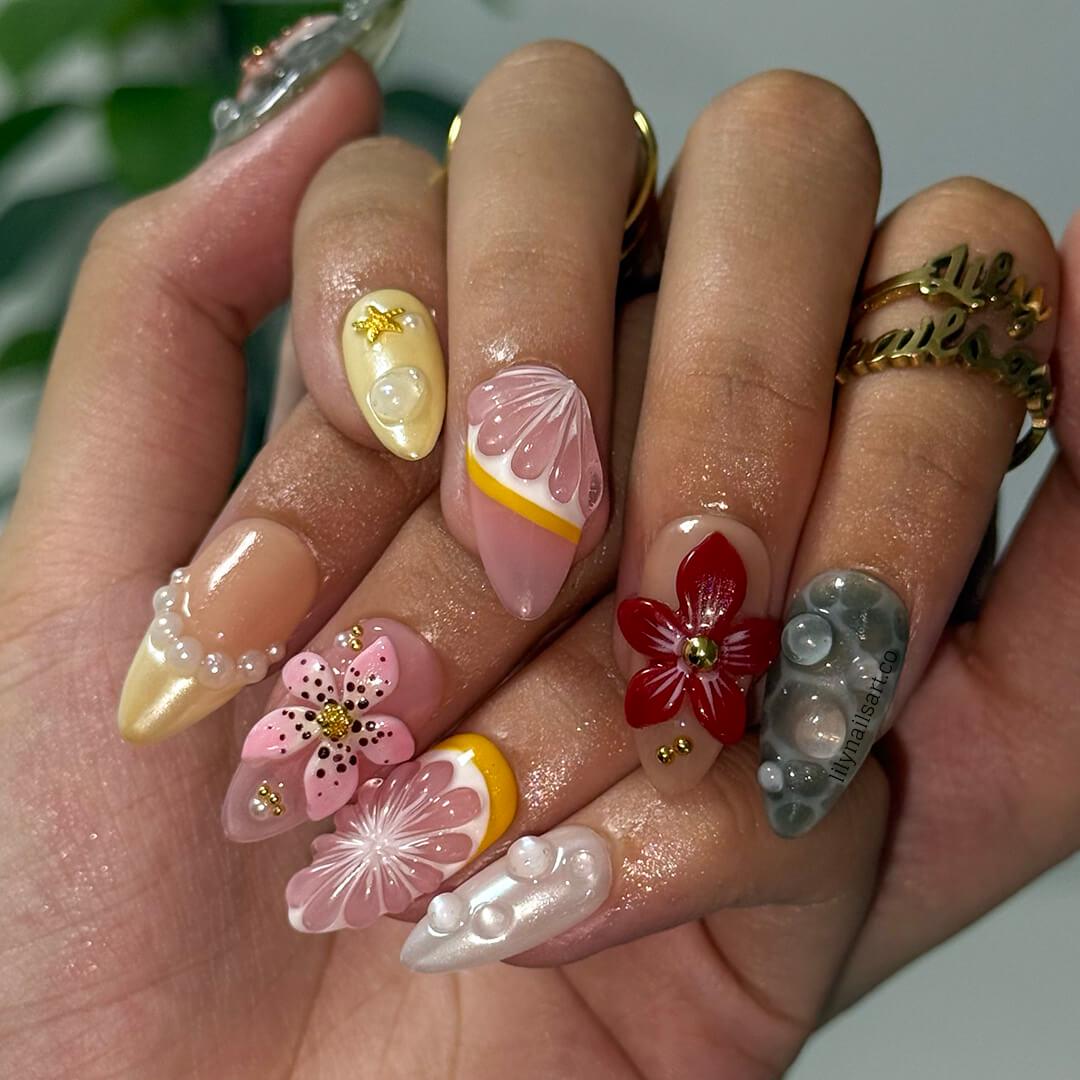 Summer Bloom Press on Nail with Starfish & Flower | Fruit Fake Nail in Medium Almond | Handmade Beach Nail Art for Vacation, Holiday, Party