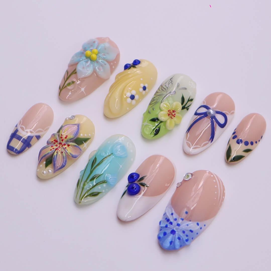 Spring Press on Nails with Pastel Flower & Blue Bow | 3D Botanical Fake Nail in Medium Almond | Handmade Nail Art for Holiday, Wedding, Gift