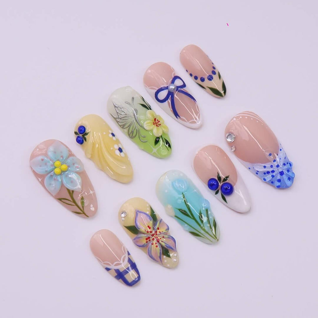 Spring Press on Nails with Pastel Flower & Blue Bow | 3D Botanical Fake Nail in Medium Almond | Handmade Nail Art for Holiday, Wedding, Gift