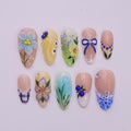 Spring Press on Nails with Pastel Flower & Blue Bow | 3D Botanical Fake Nail in Medium Almond | Handmade Nail Art for Holiday, Wedding, Gift