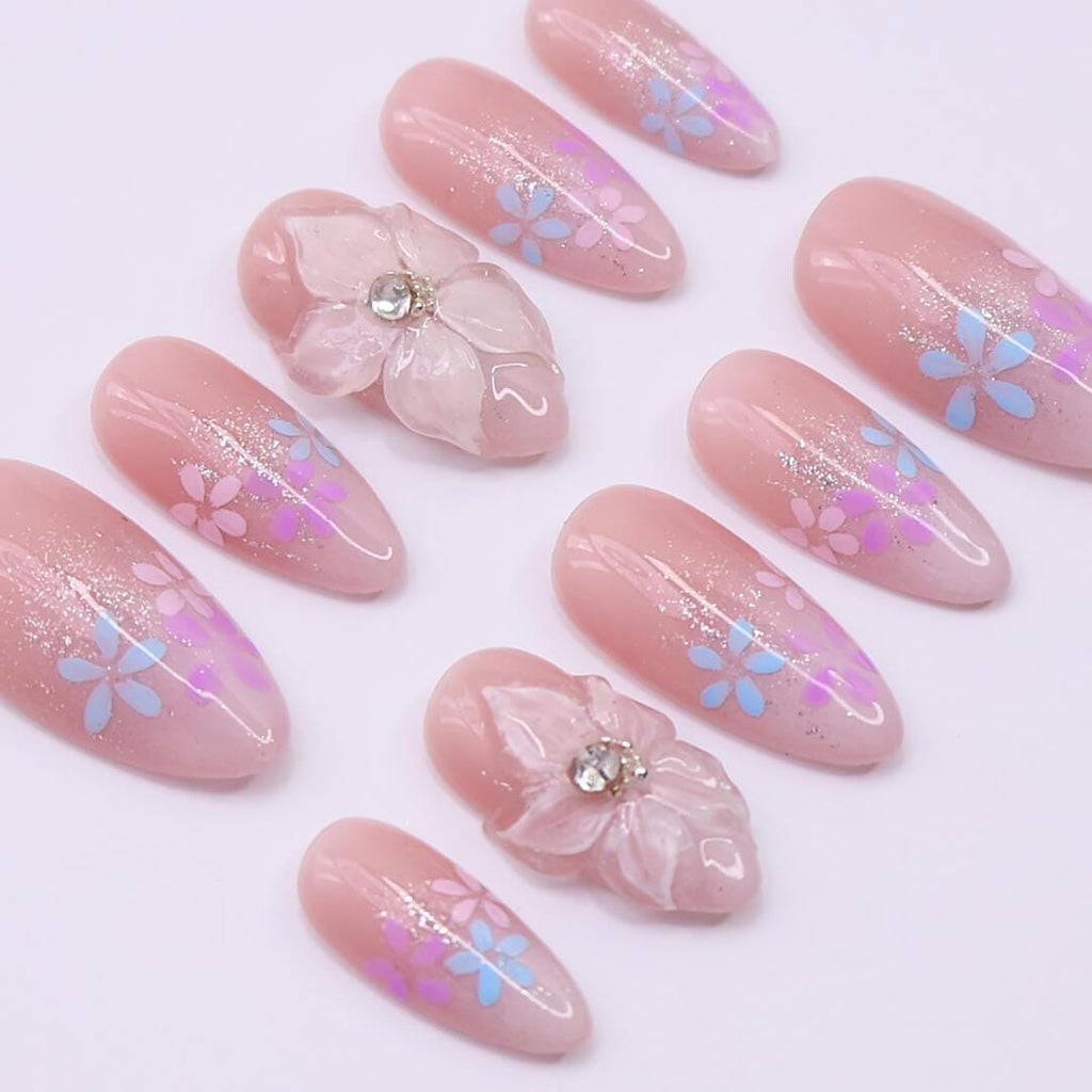 Romantic Press on Nails with Pastel Flowers & 3D White Blooms | Handmade Fake Nails in Medium Almond | Nail Art for Holiday, Birthday, Trip