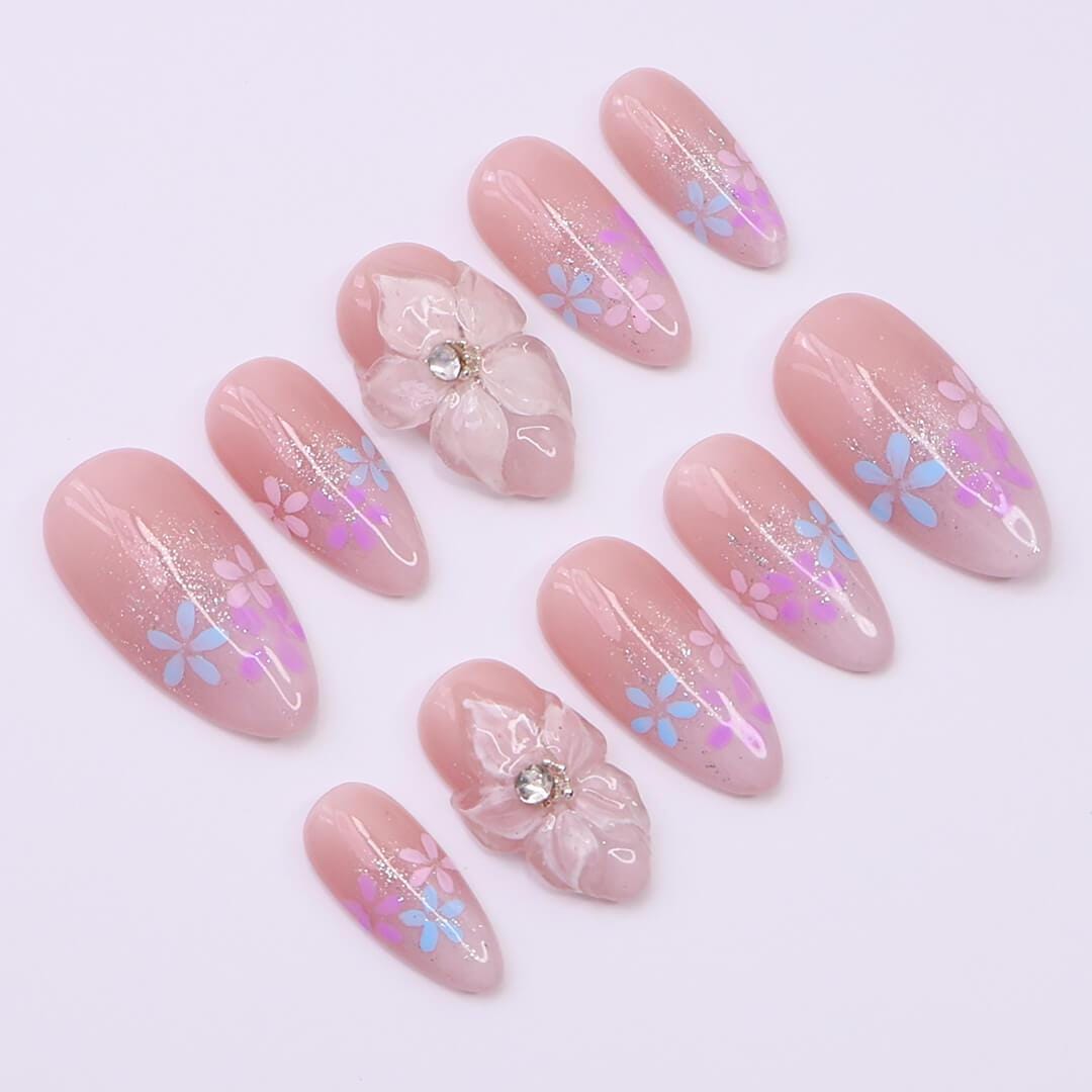 Romantic Press on Nails with Pastel Flowers & 3D White Blooms | Handmade Fake Nails in Medium Almond | Nail Art for Holiday, Birthday, Trip