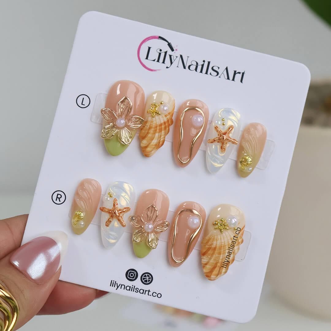 Summer Press on Nails with Starfish & 3D Flower | Gold Fake Nails in Medium Almond | Handmade Beach Nail Art for Vacation, Holiday, Party