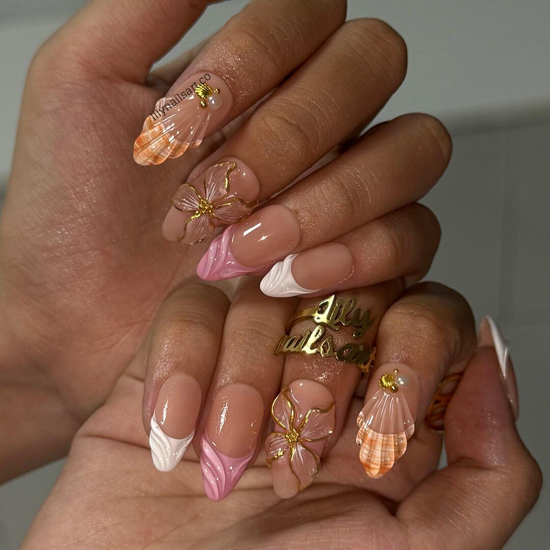 Summer Press on Nail with 3D Flower & White French Tip | Seashell Fake Nail in Medium Almond | Handmade Nail Art for Vacation, Holiday