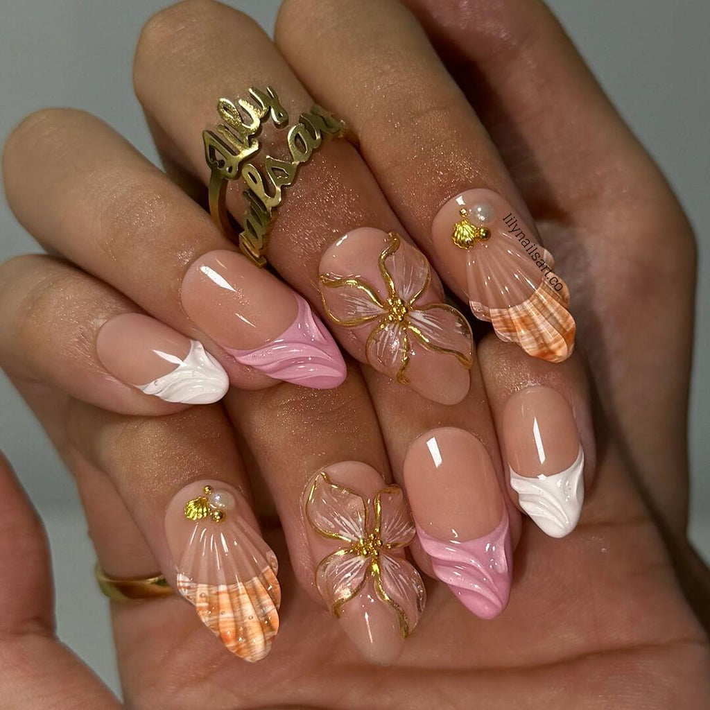 Summer Press on Nail with 3D Flower & White French Tip | Seashell Fake Nail in Medium Almond | Handmade Nail Art for Vacation, Holiday
