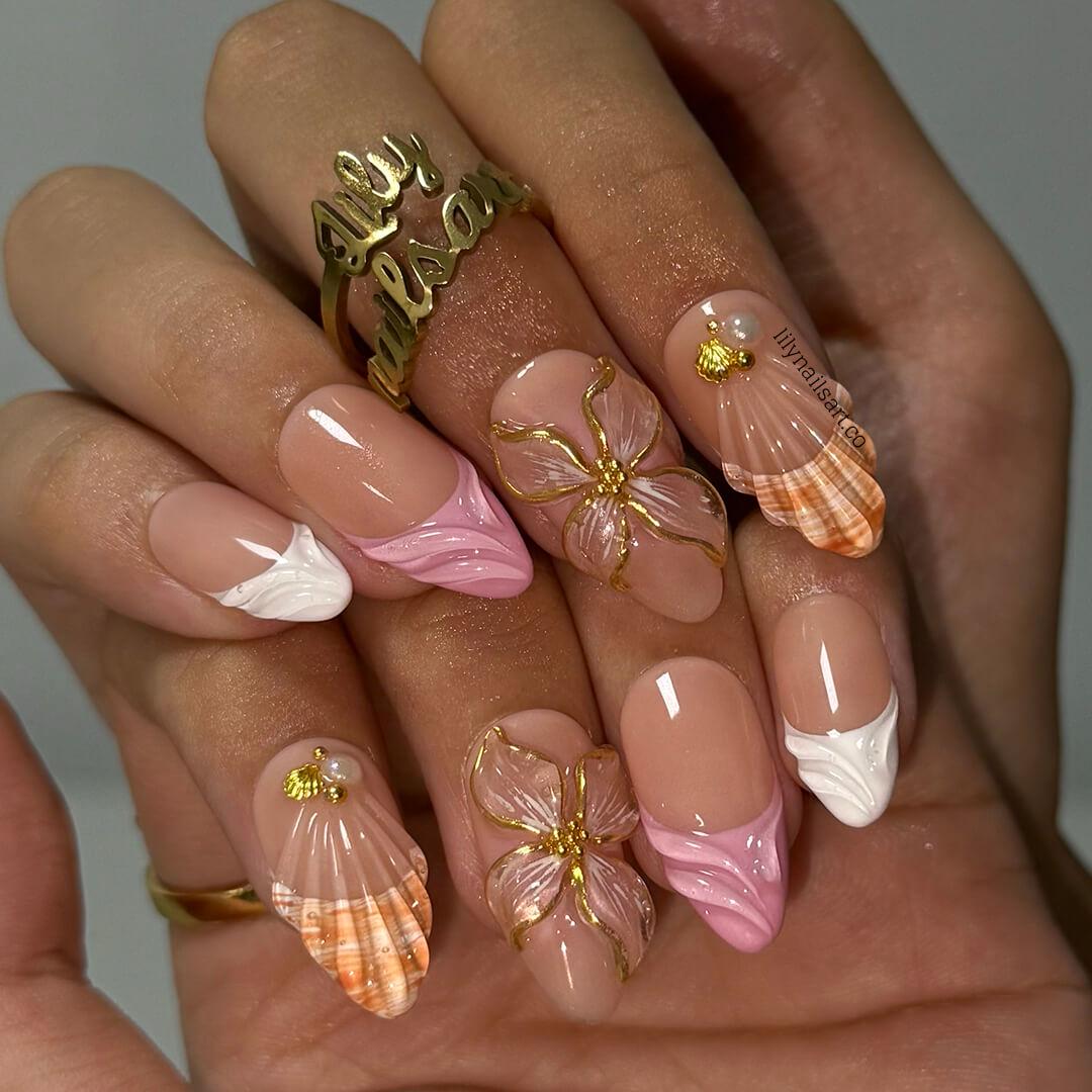 Summer Press on Nail with 3D Flower & White French Tip | Seashell Fake Nail in Medium Almond | Handmade Nail Art for Vacation, Holiday
