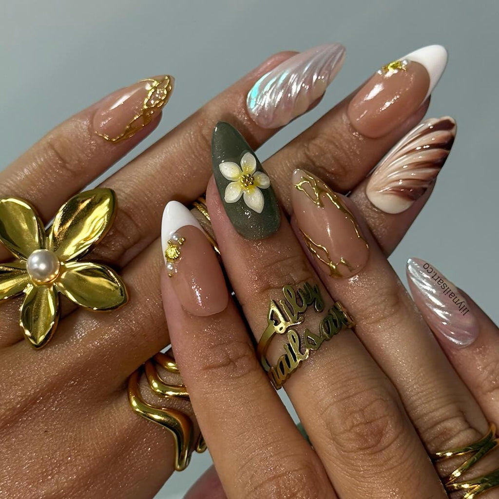 Summer Press on Nails with Plumeria & Seashell | Pastel Fake Nails in Medium Almond | Handmade Nail Art for Vacation, Holiday, Everyday Wear