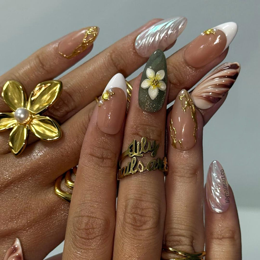 Summer Press on Nails with Plumeria & Seashell | Pastel Fake Nails in Medium Almond | Handmade Nail Art for Vacation, Holiday, Everyday Wear